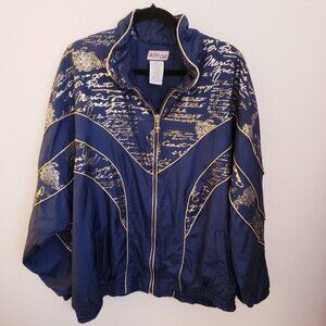 Vintage Inspired Blue Zip Full Zip Trac Jacket with Gold Accents Size 2X EUC
